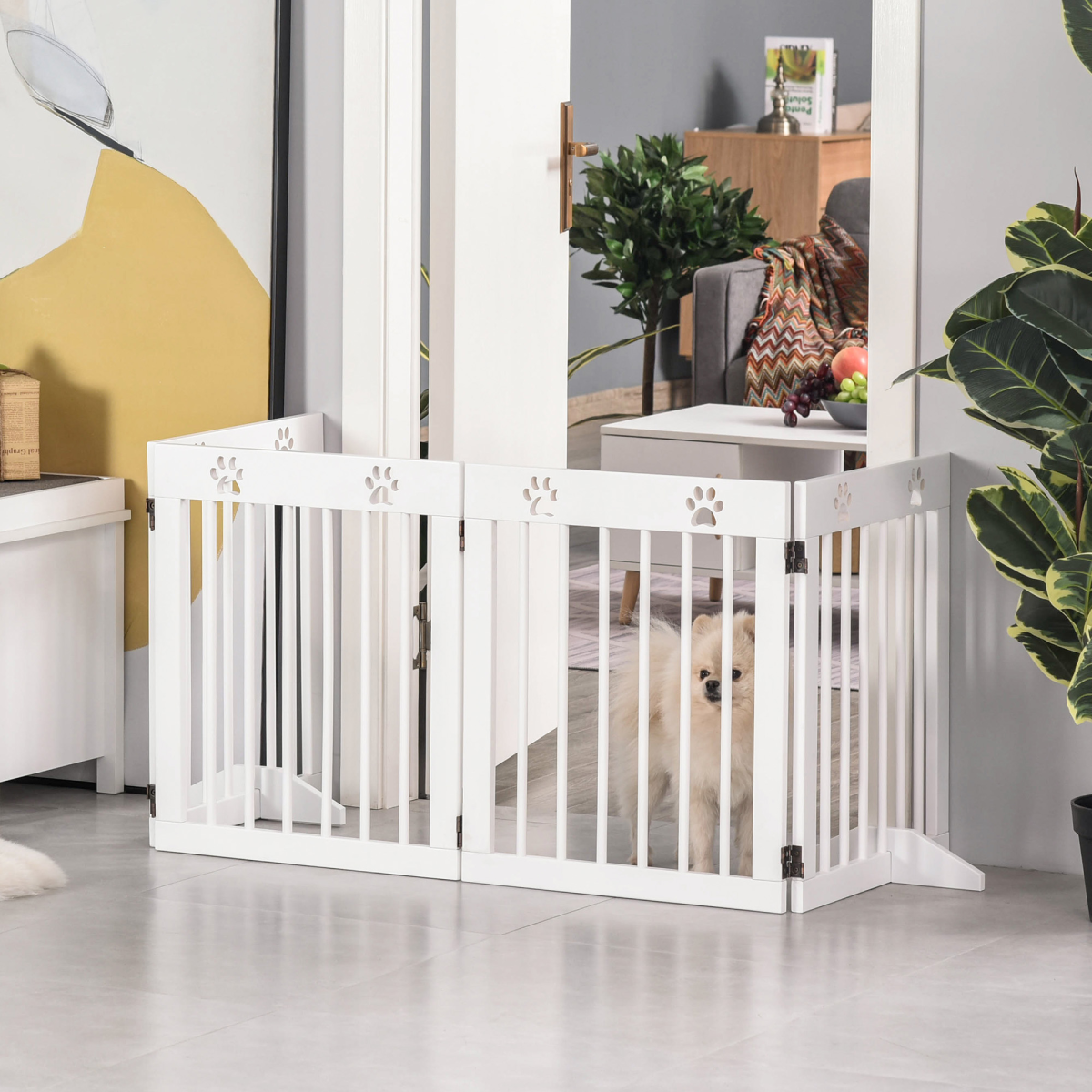 Freestanding 4-Panel Folding Wooden Dog Gate with Removable Feet