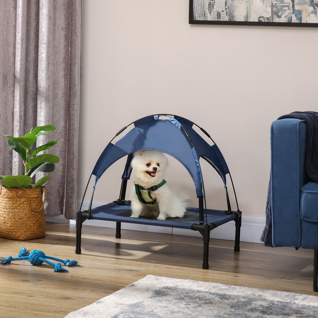 Elevated Outdoor Dog Bed with Canopy - Cooling Raised Cot, UV Shade Blue