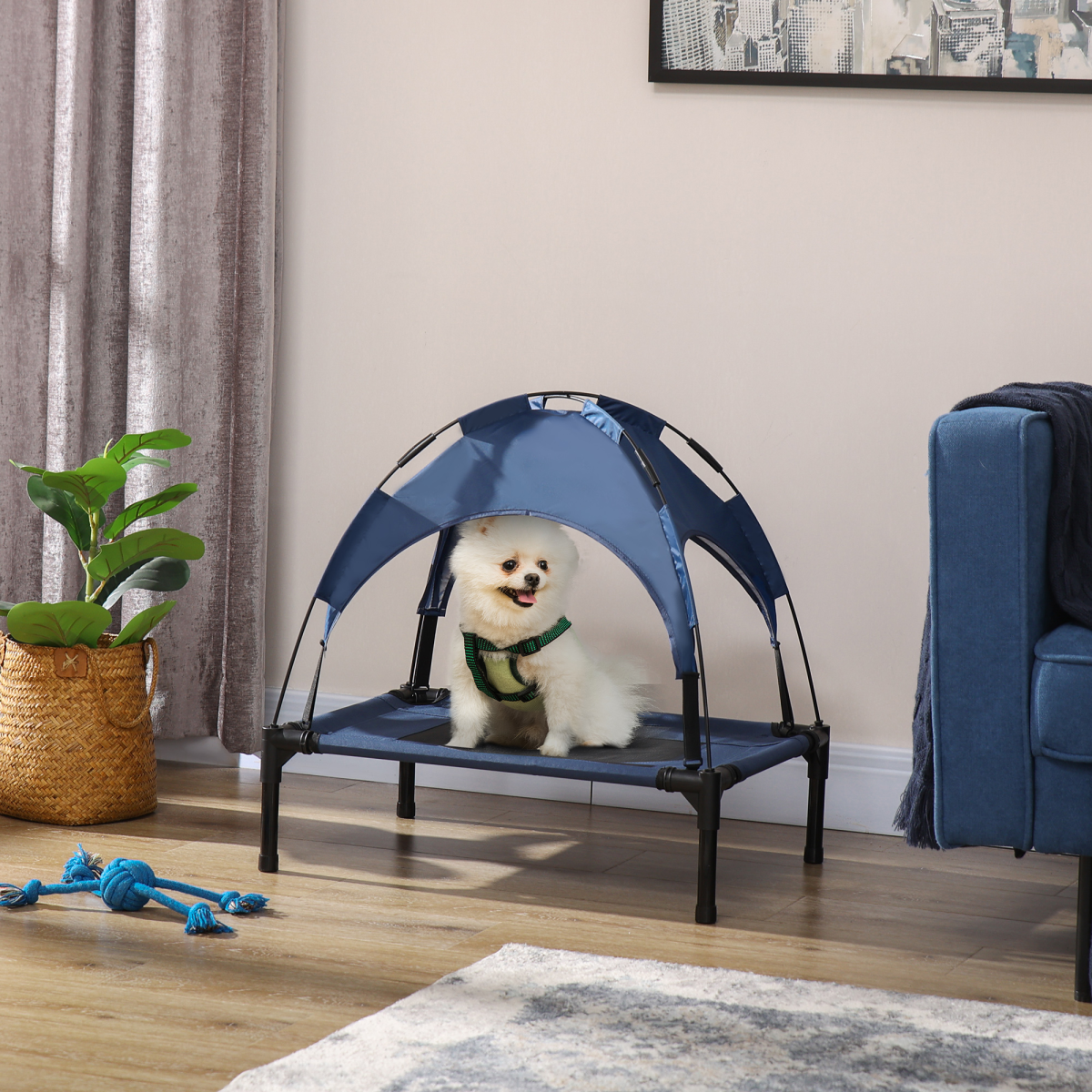 Elevated Outdoor Dog Bed with Canopy - Cooling Raised Cot, UV Shade Blue