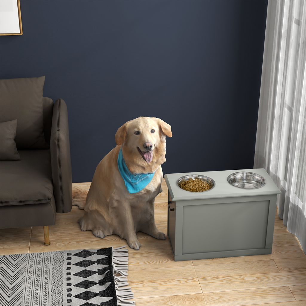 Grey Elevated Dual Pet Bowls with Storage Stand - Stainless Steel