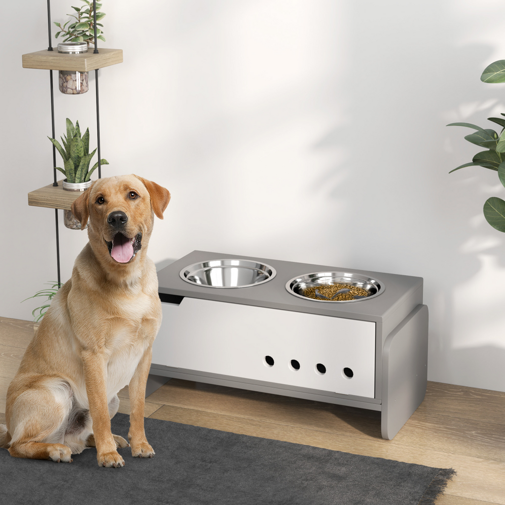 PawHut Height-Adjustable Dog Feeder with Dual Stainless Bowls & Storage