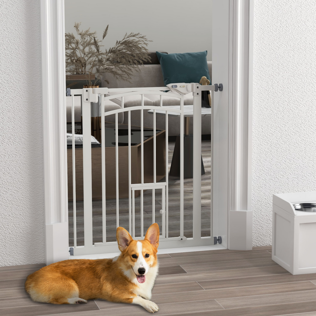 PawHut White Adjustable Pressure-Fit Pet Gate with Cat Door, 74-80cm