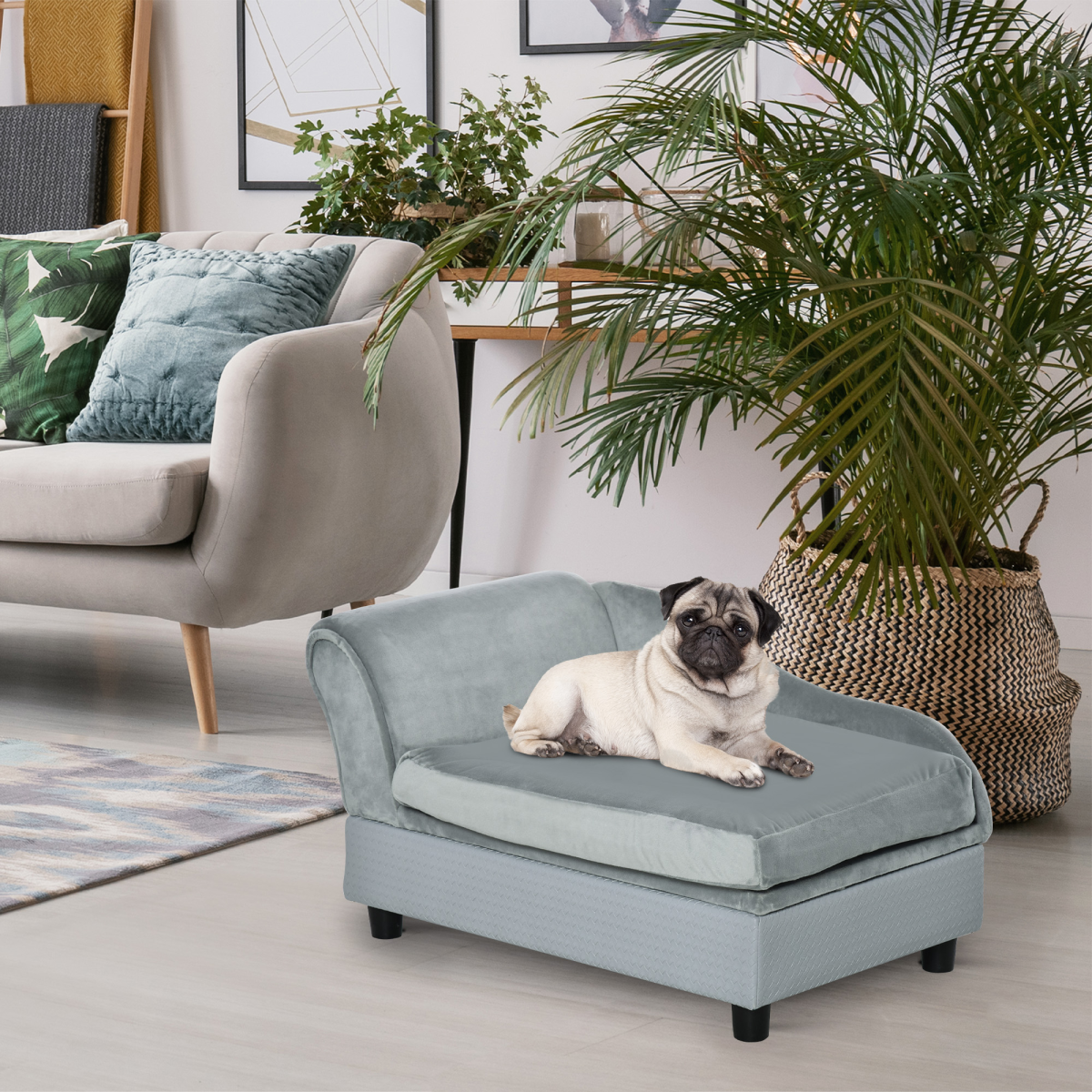 PawHut Cozy Pet Sofa Chair with Storage - Light Blue Cushion