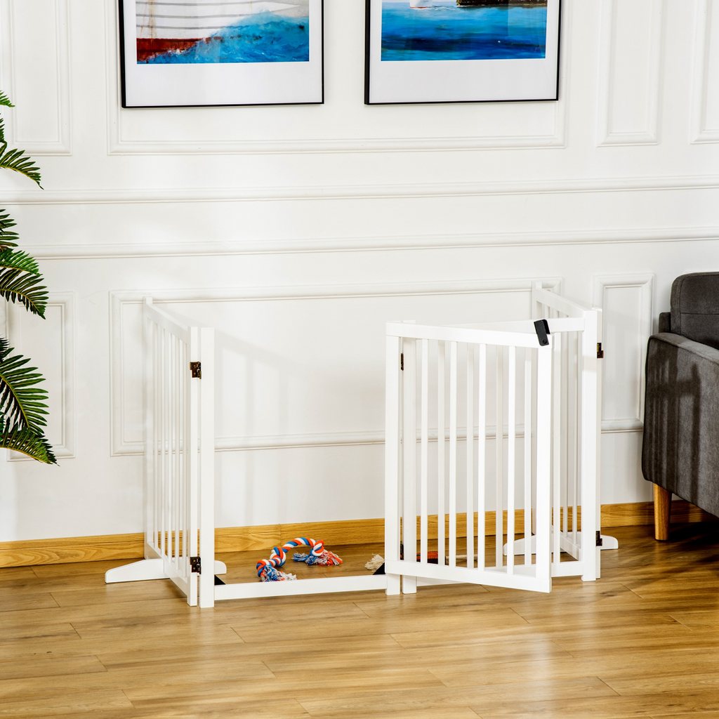 Pawhut Freestanding 4-Panel Pet Gate with 2 Support Feet for Doorways - White