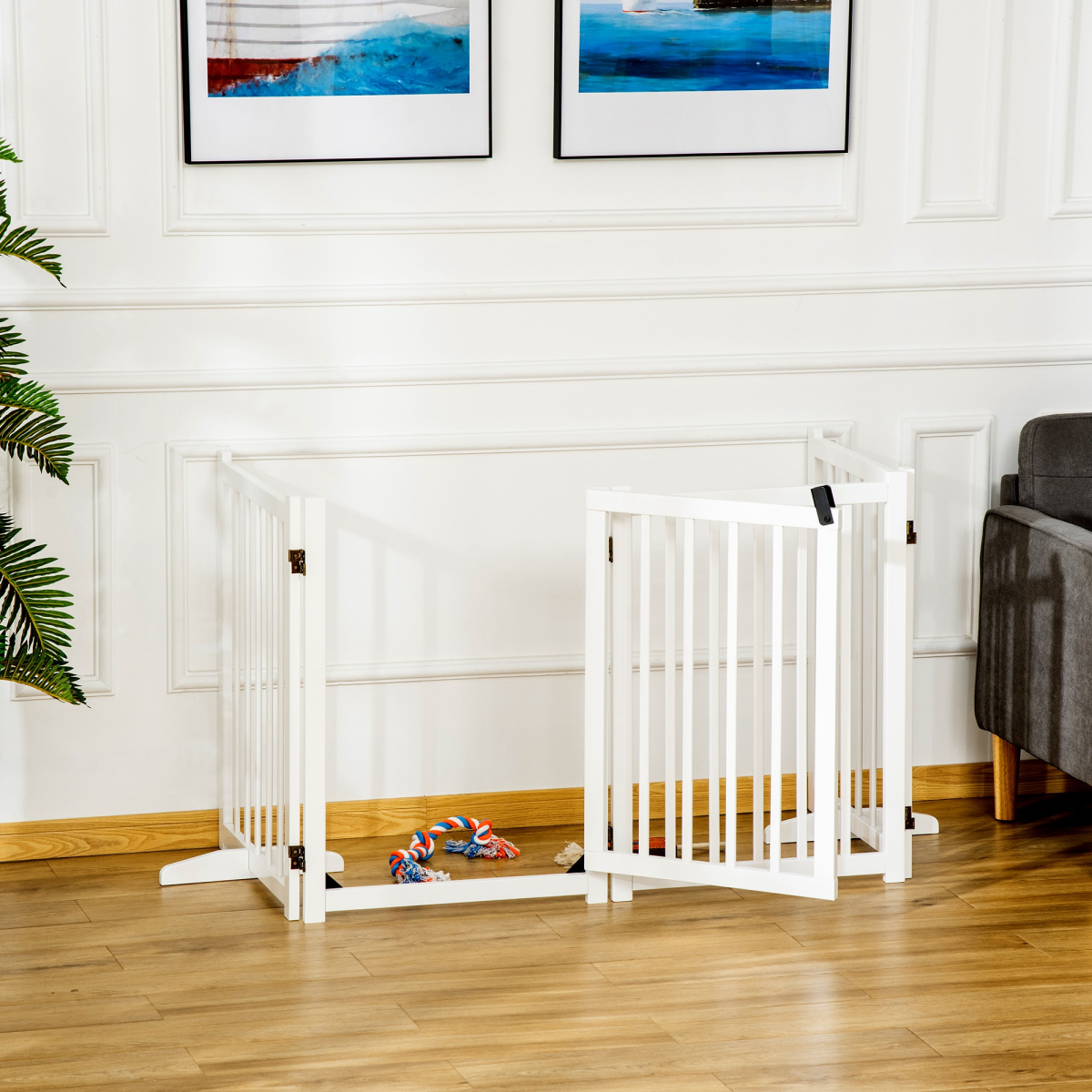 Pawhut Freestanding 4-Panel Pet Gate with 2 Support Feet for Doorways - White