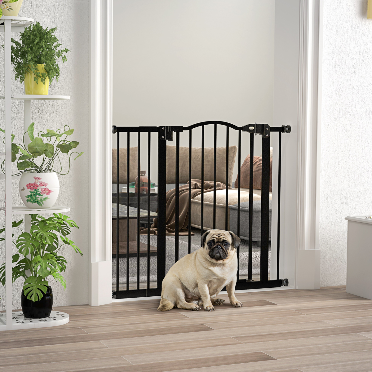 PawHut 74-94cm Adjustable Metal Pet Gate with Auto-Close Black