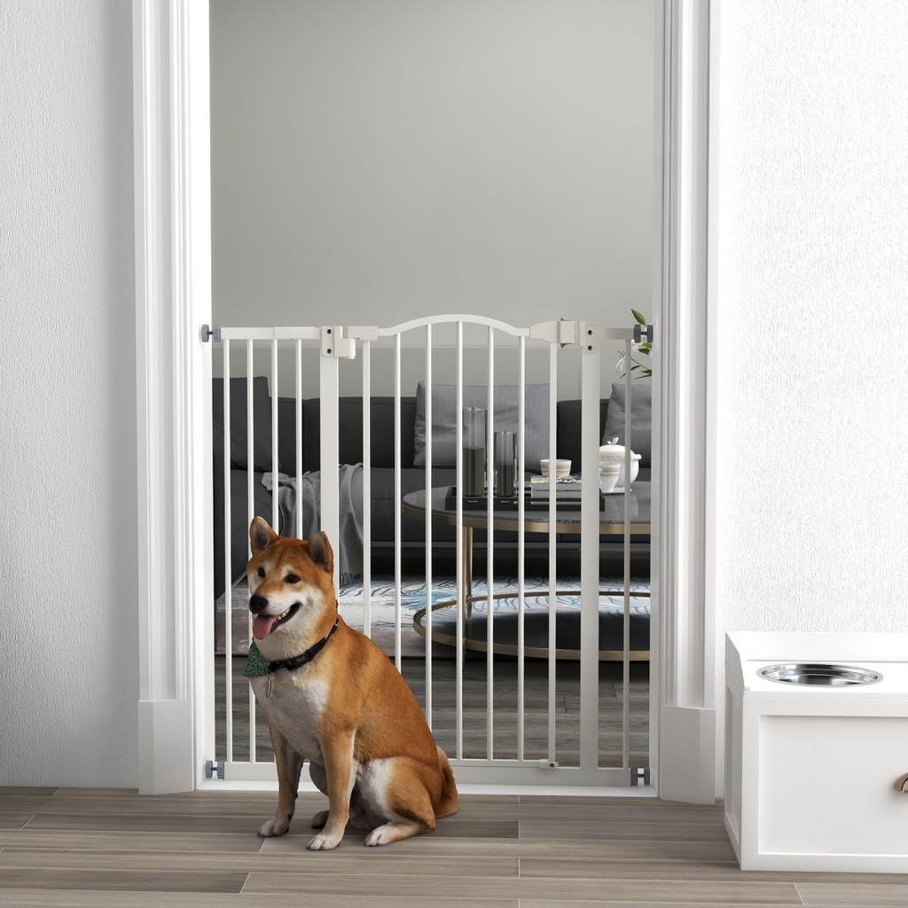 PawHut 74-94cm Adjustable Metal Pet Gate with Auto-Close Door, White