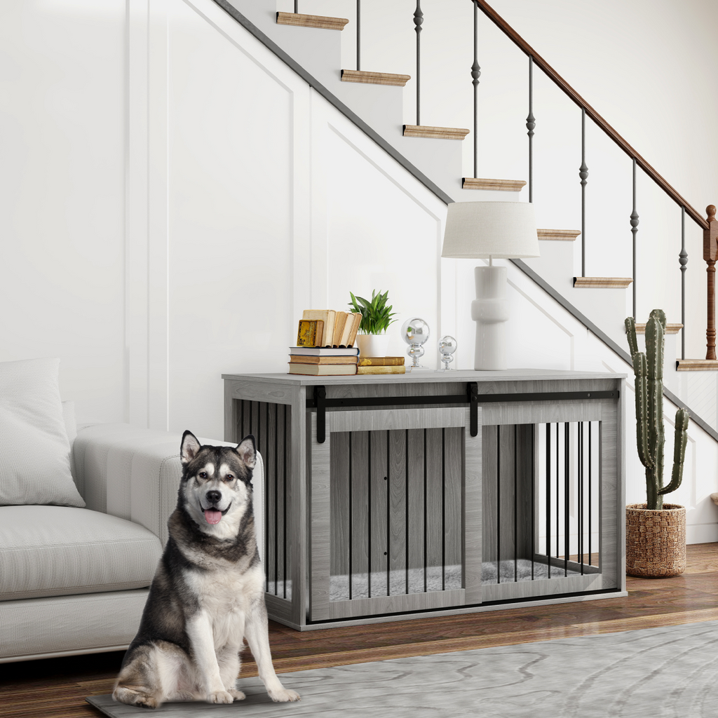 PawHut XL Dog Crate Furniture with Removable Cushion - Grey