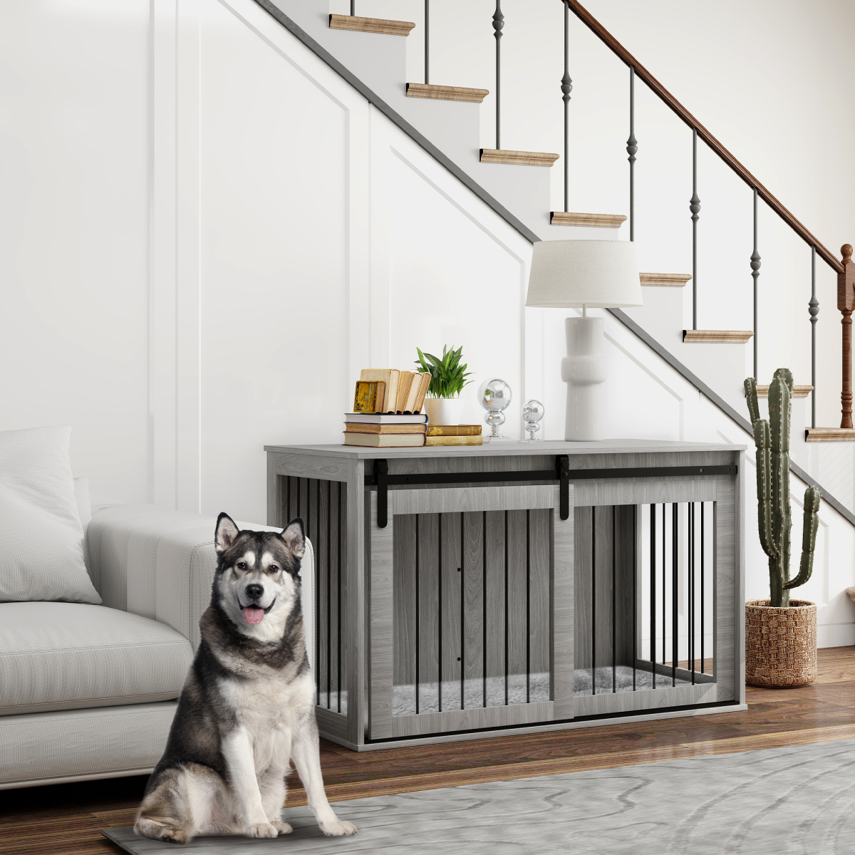 PawHut XL Dog Crate Furniture with Removable Cushion - Grey