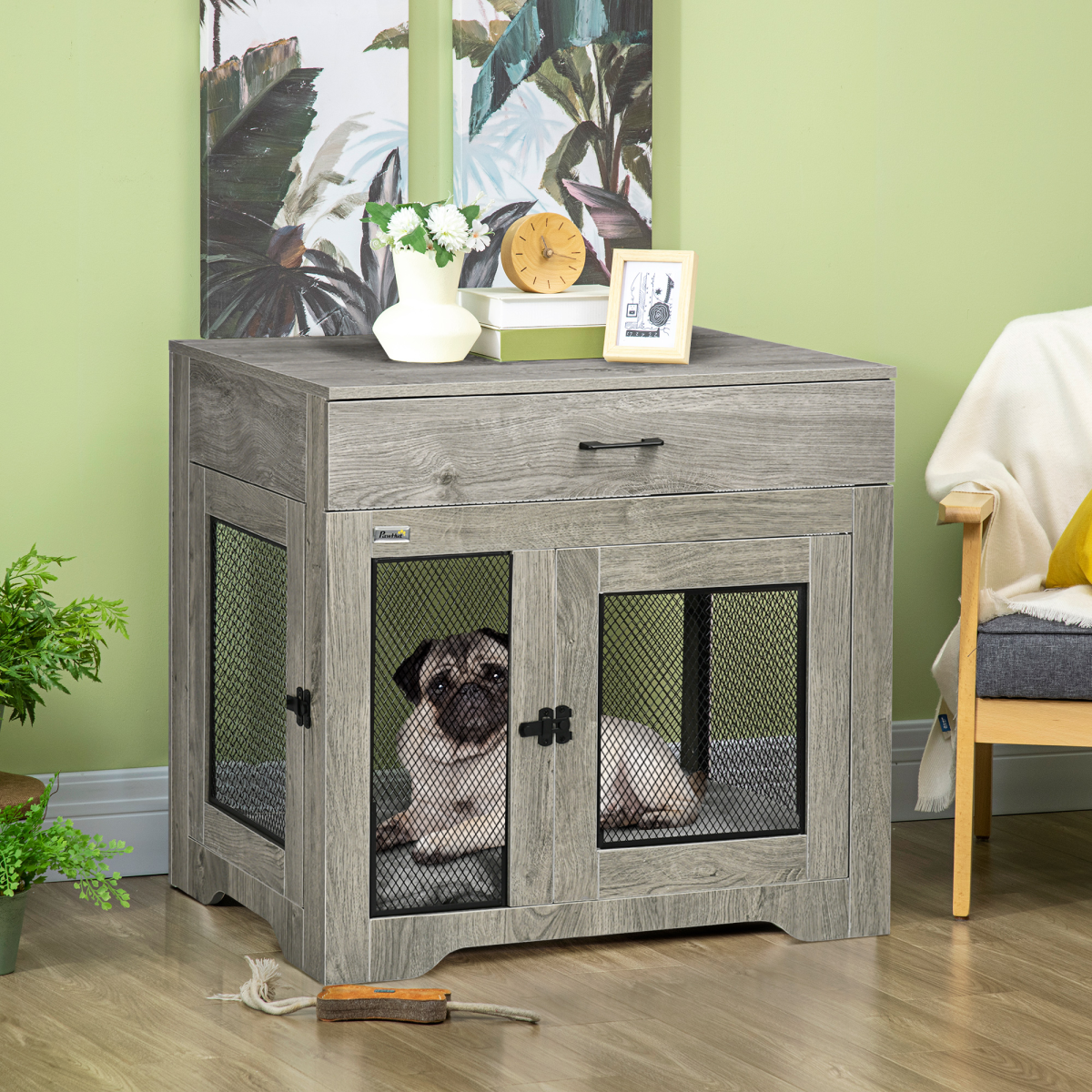 Furniture-Style Double-Door Dog Crate for Medium Dogs - Indoor Grey