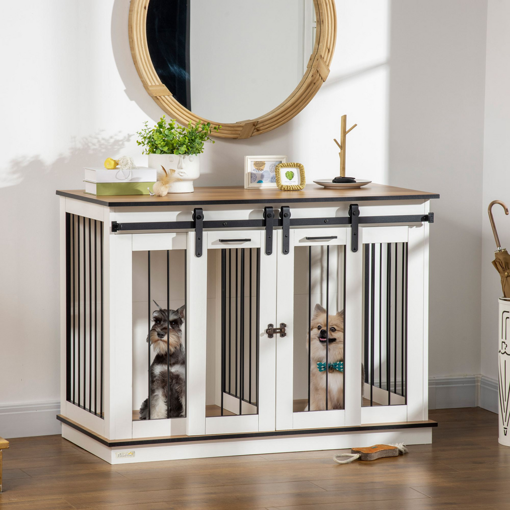 Dual-Dog Crate Furniture for Large & Small Dogs, White, Divider & Tabletop