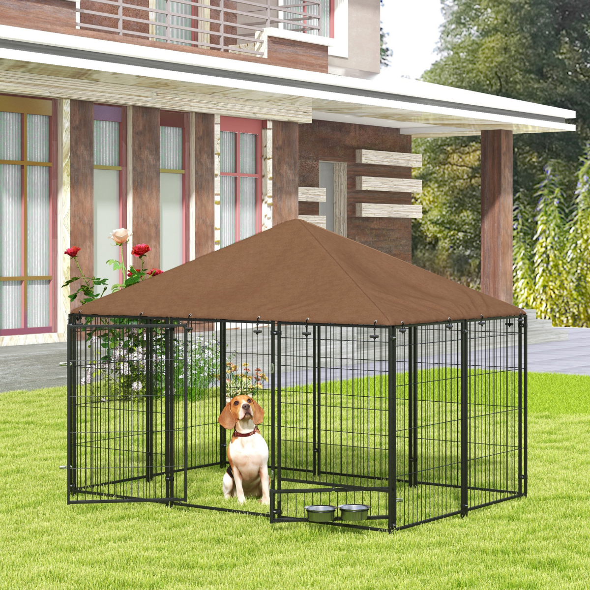 PawHut Outdoor Dog House with Canopy & Locking Rotating Bowl Holder