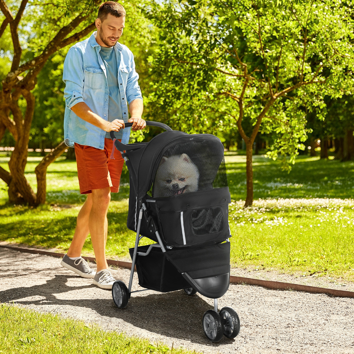 3-Wheel Cat & Dog Pet Stroller Carrier with Brake & Breathable Mesh - Black