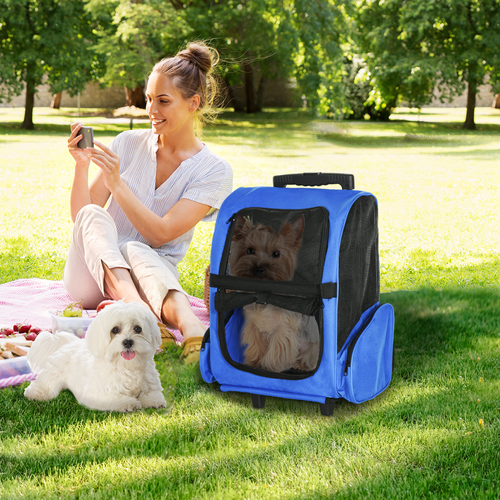 2-in-1 Pet Travel Backpack & Trolley Carrier with Telescopic Handle - 4 PU Wheels