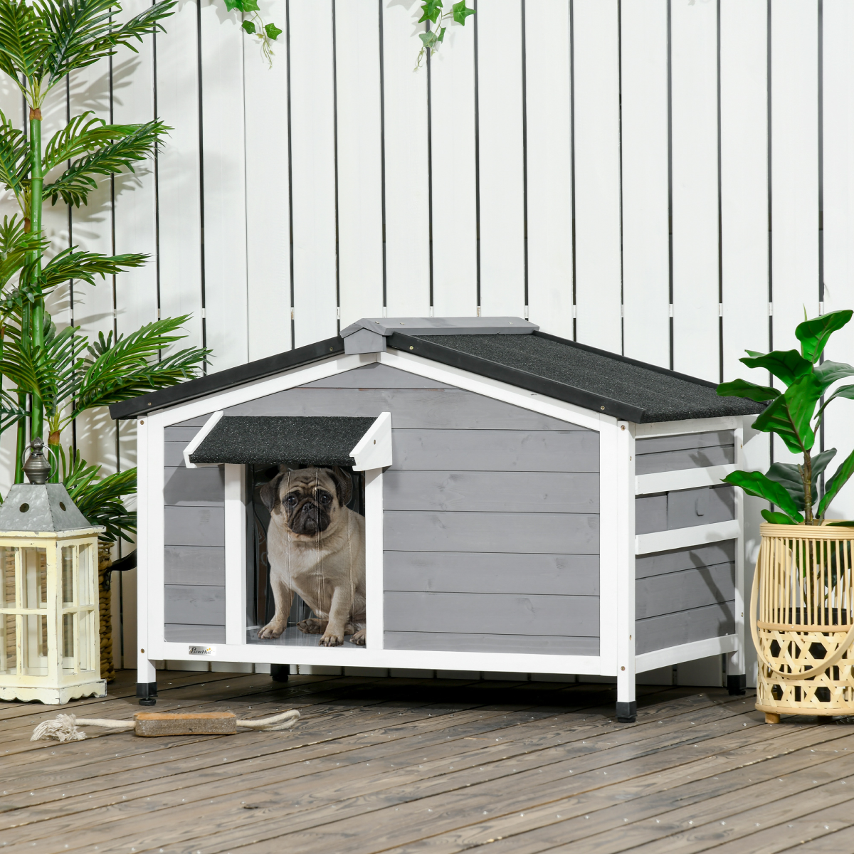 PawHut Outdoor Wooden Dog Kennel - 97L x 72W x 65H cm, Grey