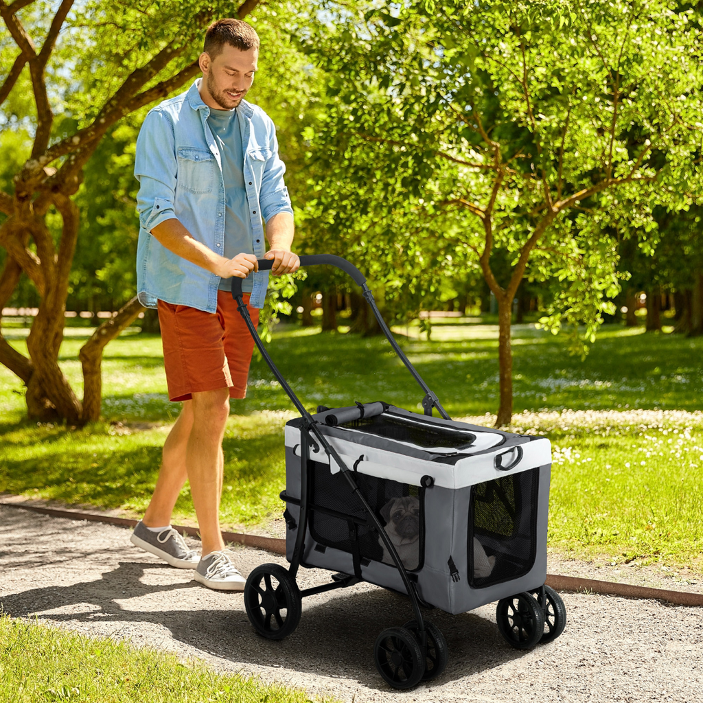 PawHut Foldable Pet Stroller with Detachable Carrier - Soft Padding Grey
