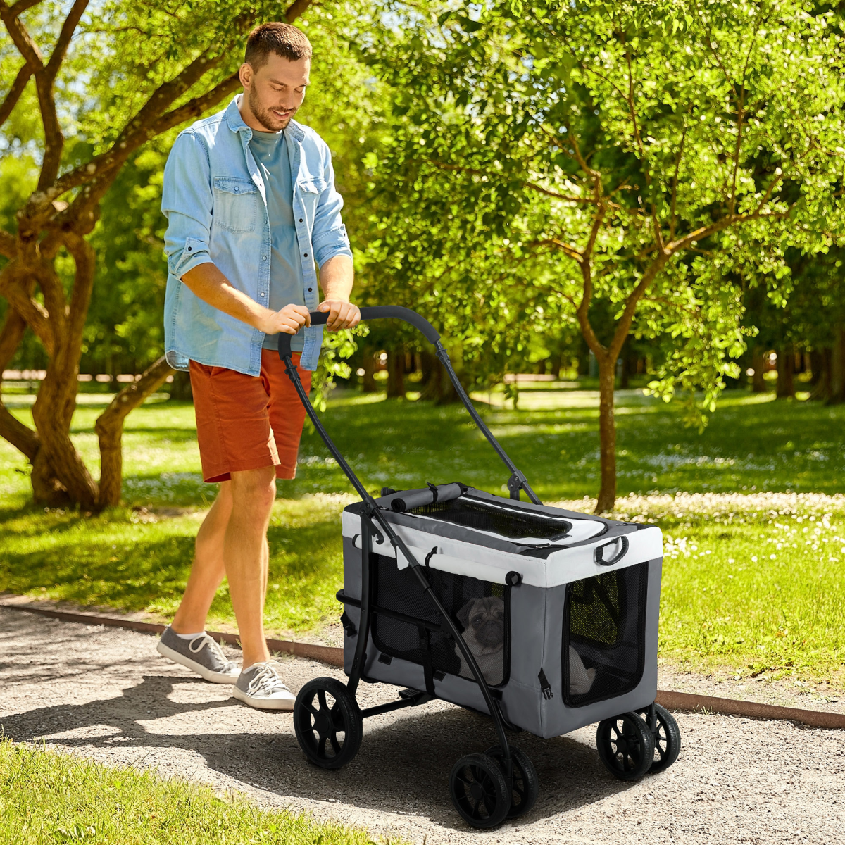 PawHut Foldable Pet Stroller with Detachable Carrier - Soft Padding Grey
