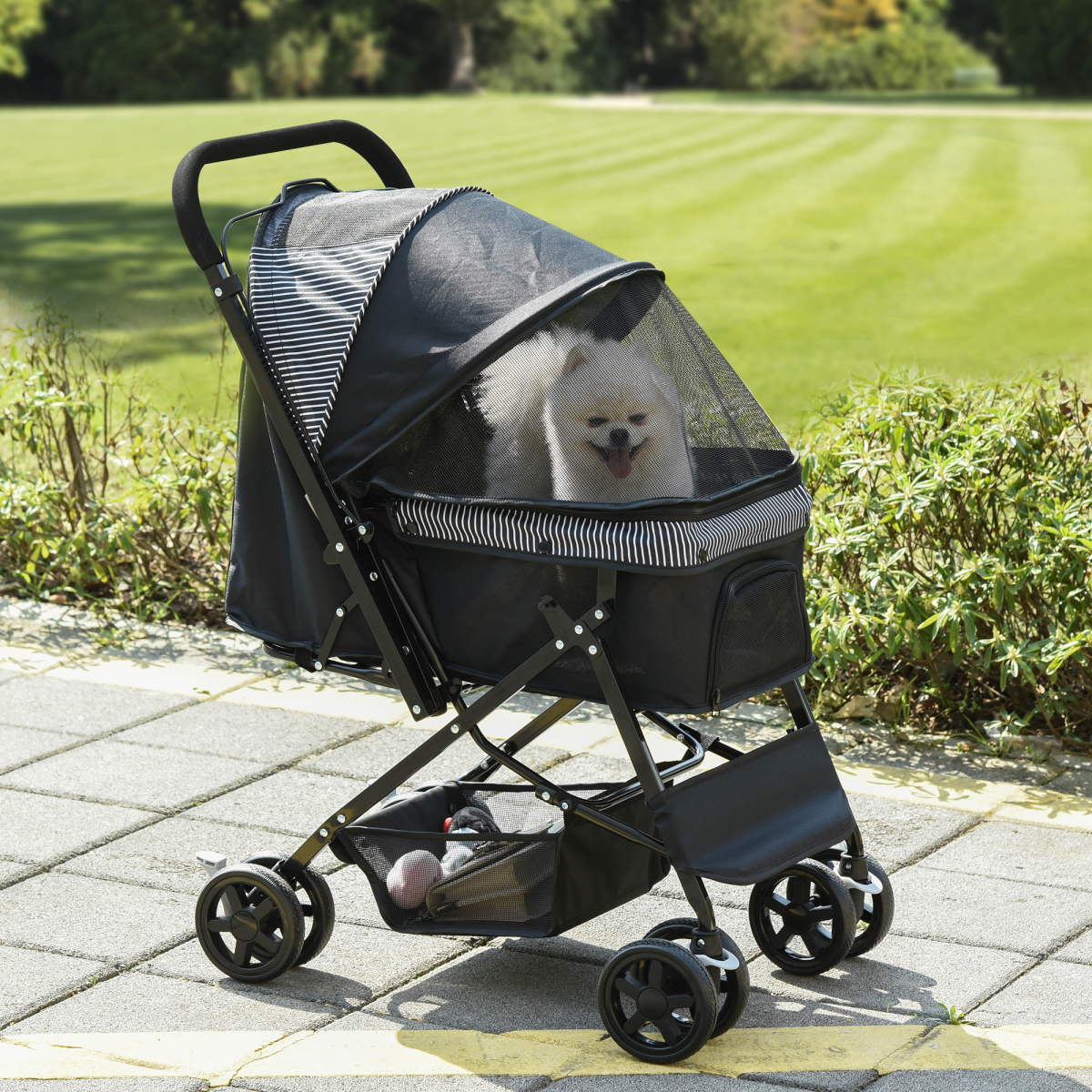 Foldable Pet Stroller with Reversible Handle - Four-Wheel Travel Carriage Black