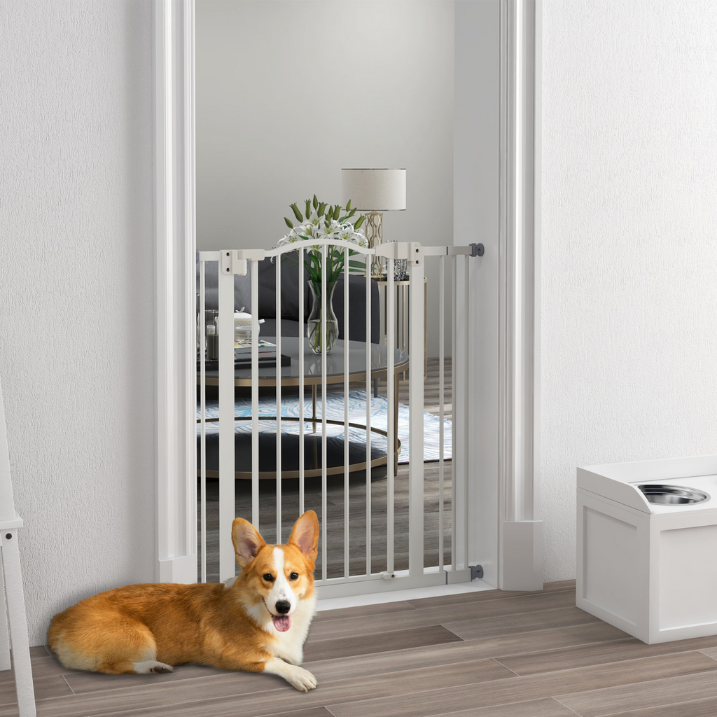 PawHut Adjustable 74-87cm Metal Pet Gate with Auto-Close, Double Locking, White