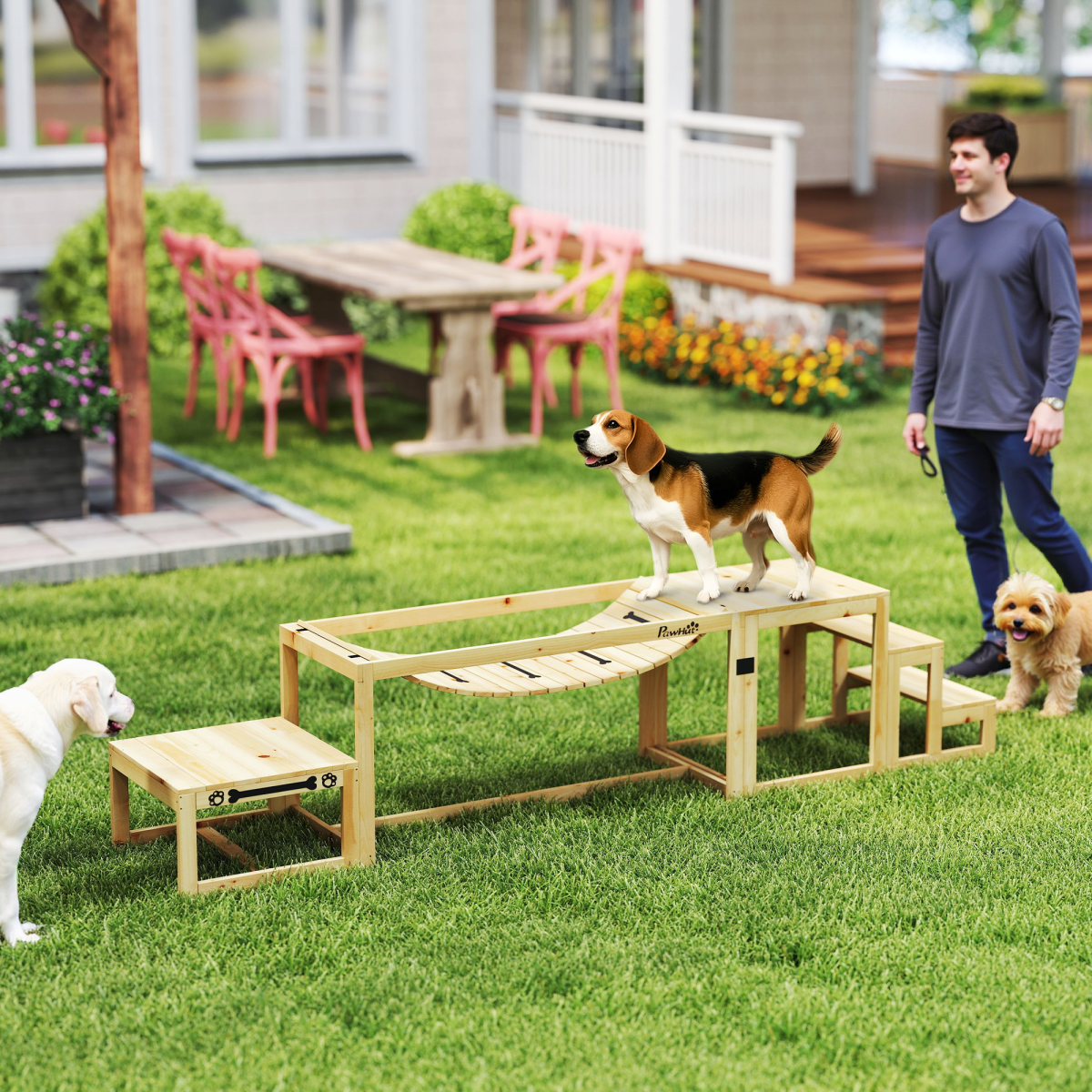 PawHut 3-Piece Wooden Dog Agility Kit: Soft Bridge, Pause Platform & Ladder