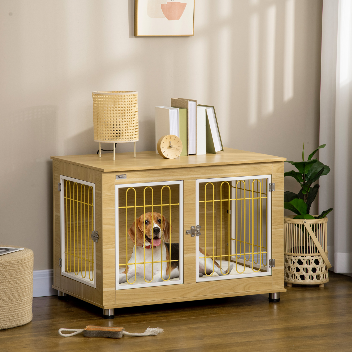 Oak-Style Dog Crate End Table with Plush Cushion & Double Doors