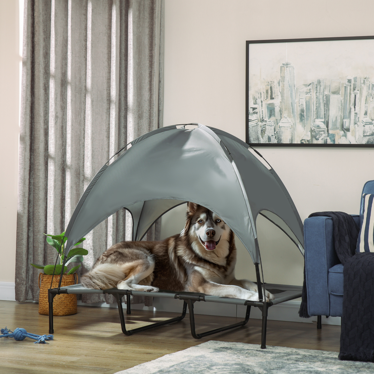 122 cm Elevated Pet Bed with Canopy - Outdoor Dog Cot Shelter, Grey