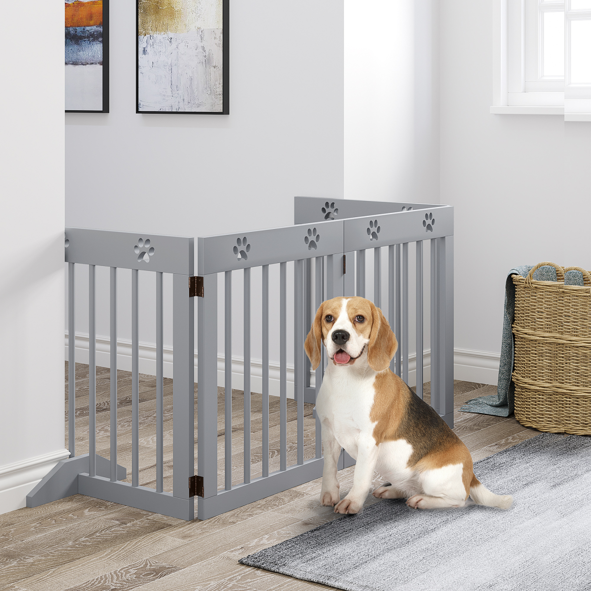 Solid Pine 4-Panel Folding Pet Gate with Stable Feet