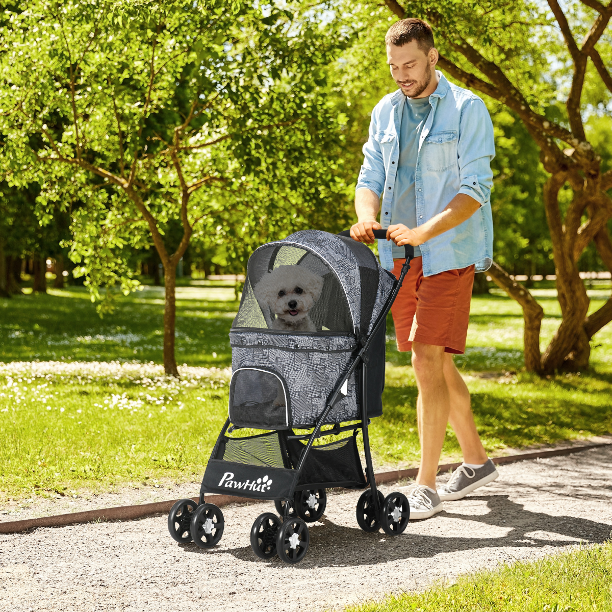 PawHut Foldable Dog Stroller with Carriage, Brakes & Universal Wheels - Grey