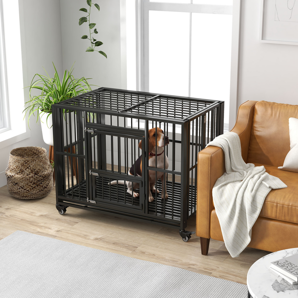 PawHut 43 Foldable Heavy-Duty Dog Crate with Locks, Removable Tray & Wheels
