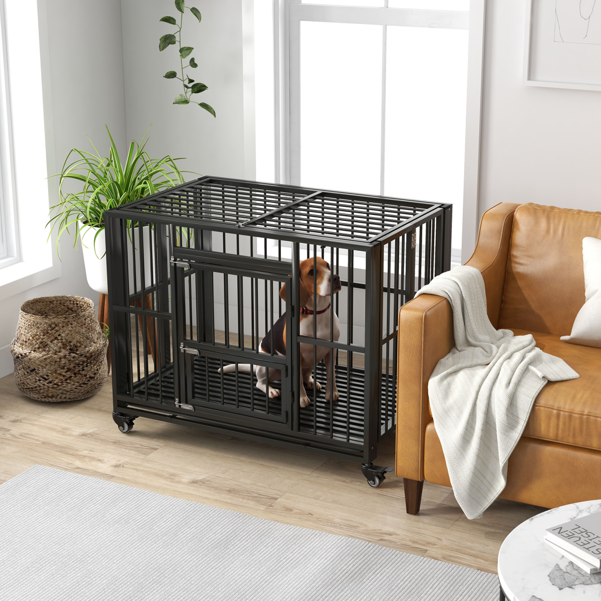 PawHut 43 Foldable Heavy-Duty Dog Crate with Locks, Removable Tray & Wheels