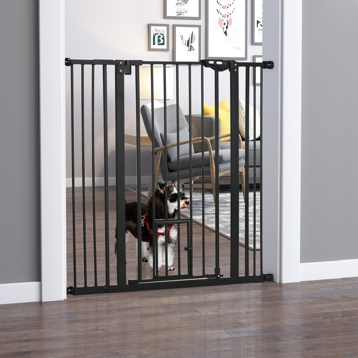PawHut Extra Tall Dog Gate with Cat Door, Auto-Close for Stairs, 74-101 cm