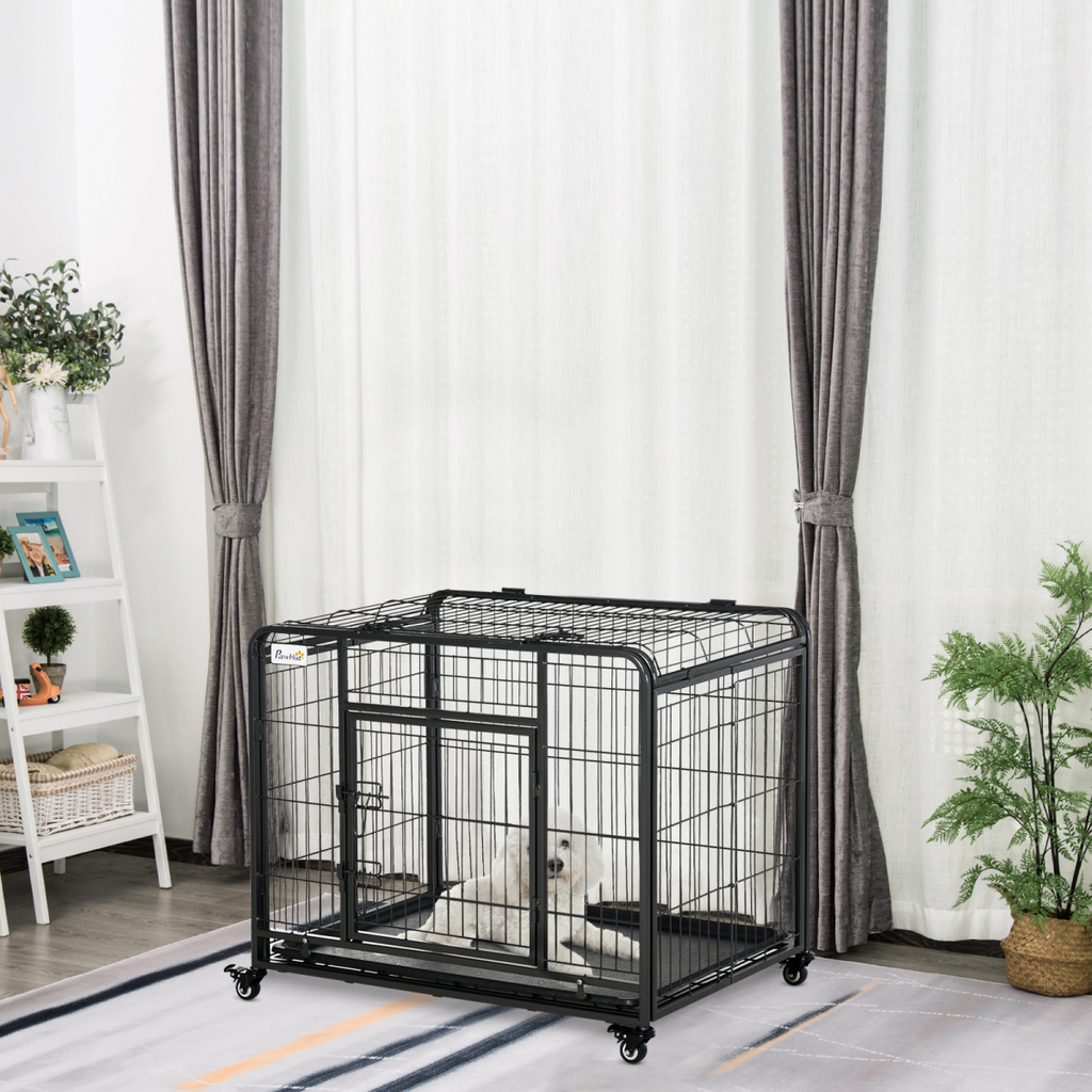 PawHut Metal Dog Cage Kennel 69.5x94cm with Locking Door & Wheels