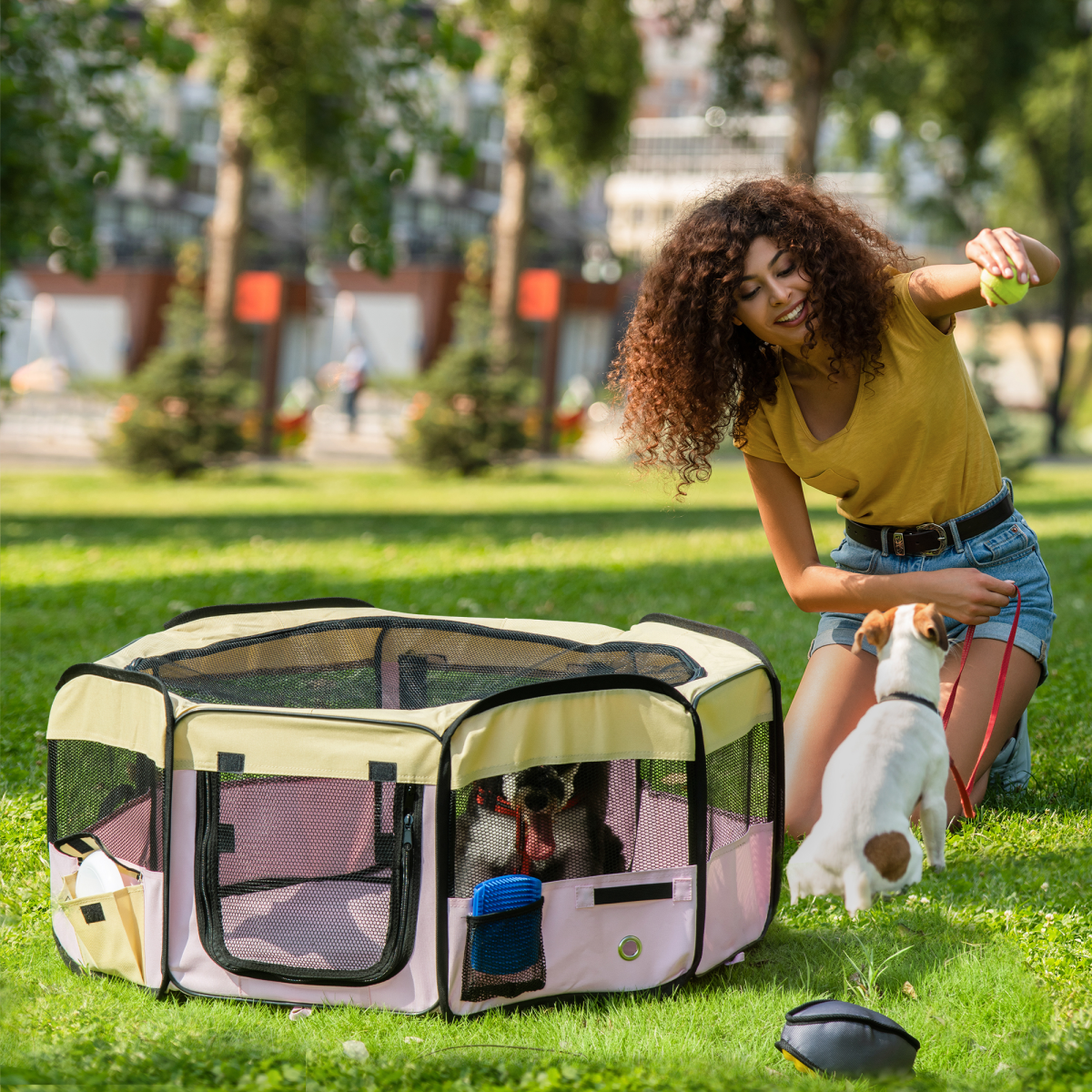 Pink Fabric Pet Playpen - Portable, Foldable Mesh Enclosure for Small Pets