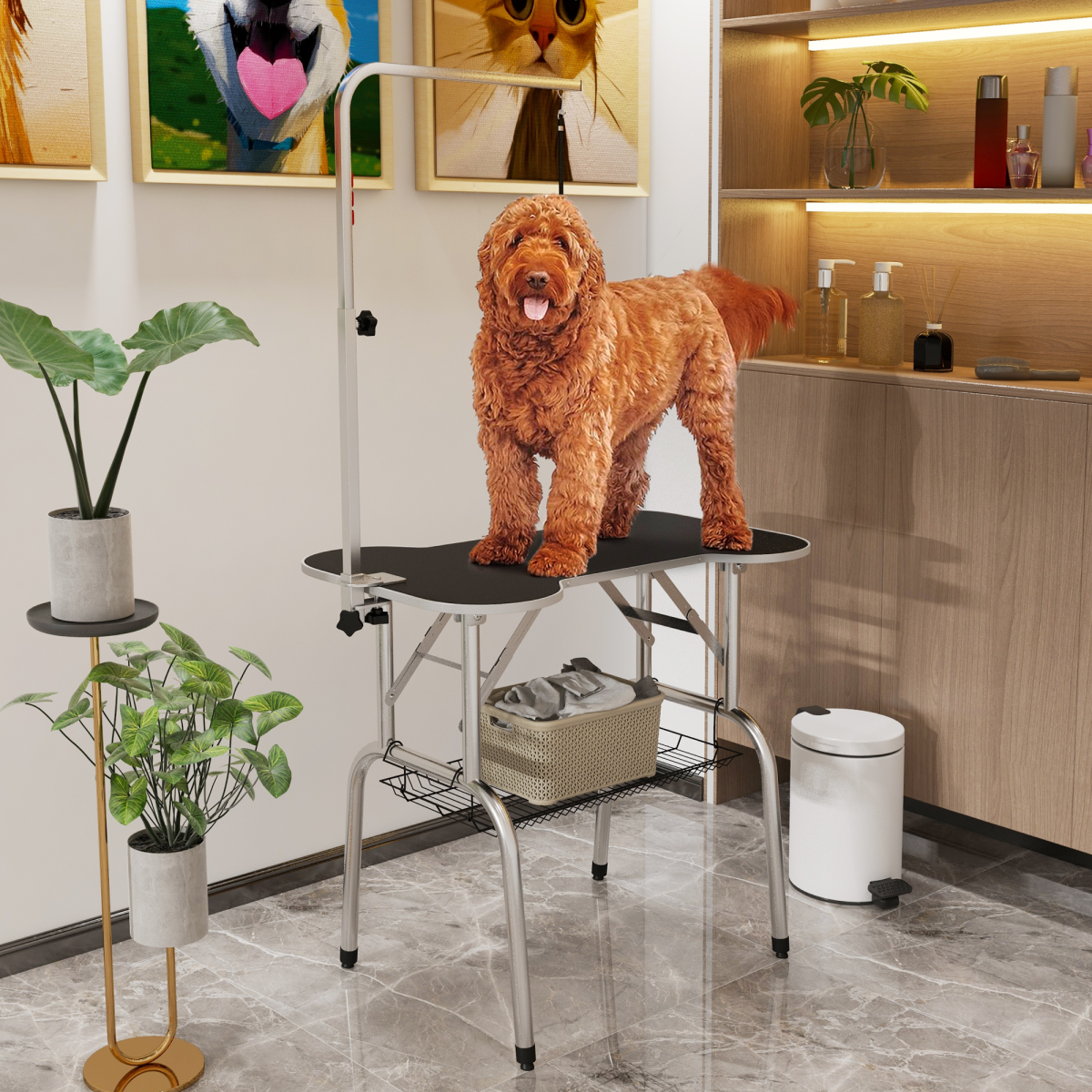Sturdy Foldable Pet Grooming Table with Adjustable Arm and Non-Slip Top