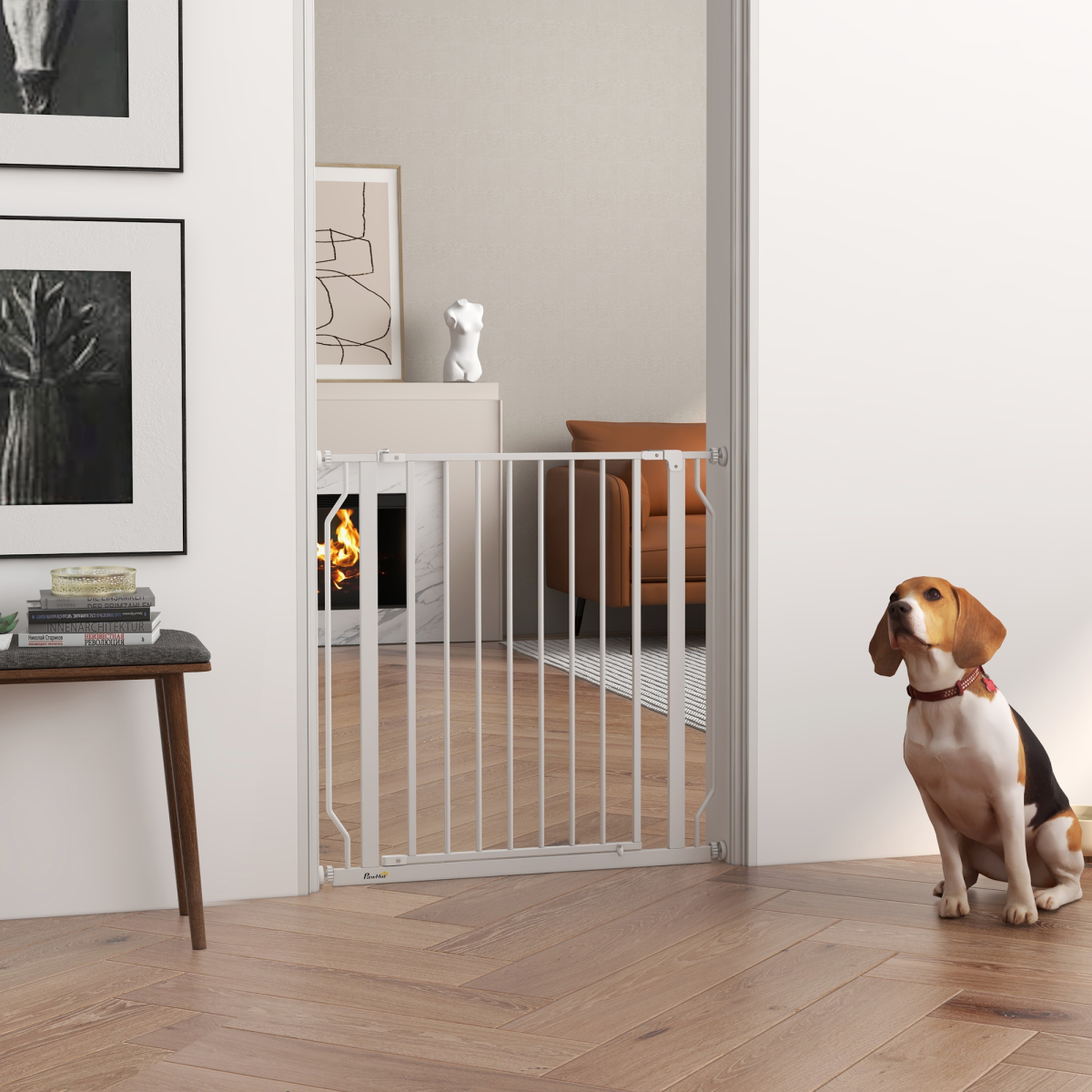 PawHut Wide Stair Gate with Door, Pressure-Fit, 75-85cm, White