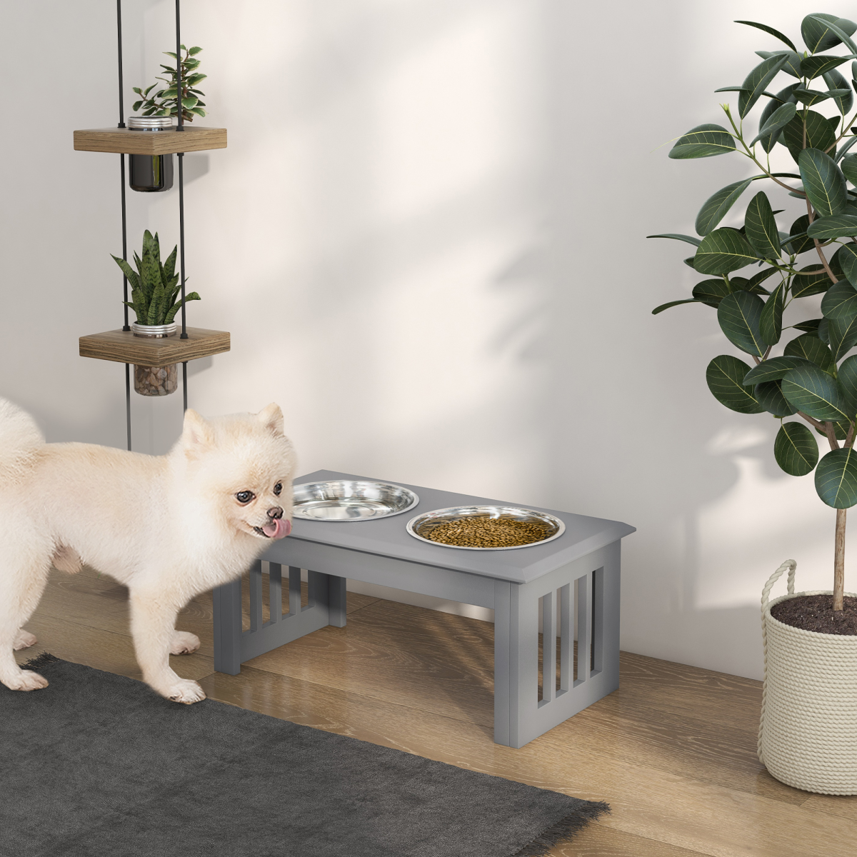 PawHut Elevated Stainless Steel Dog Bowl Feeder - Anti-Slip Grey
