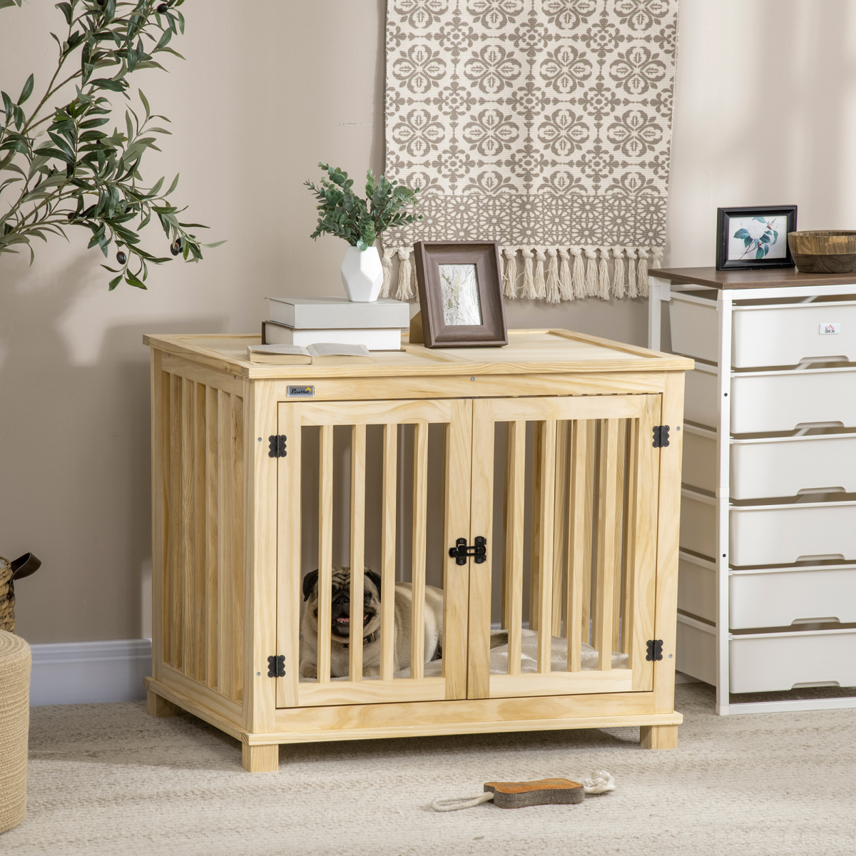 Wooden Dog Crate Furniture with Double Doors and Cushioned Pad - For Medium Dogs