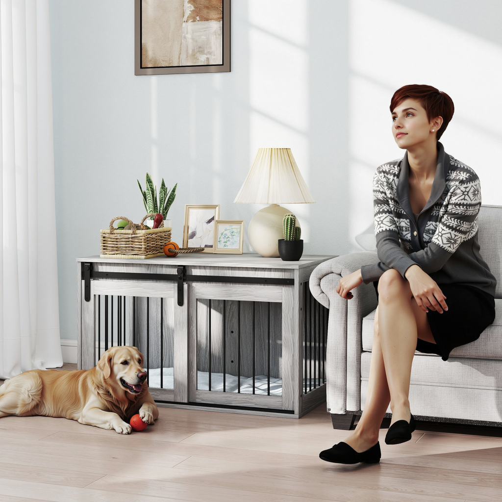 PawHut Large Dog Crate & Side Table with Removable Cushion - Grey