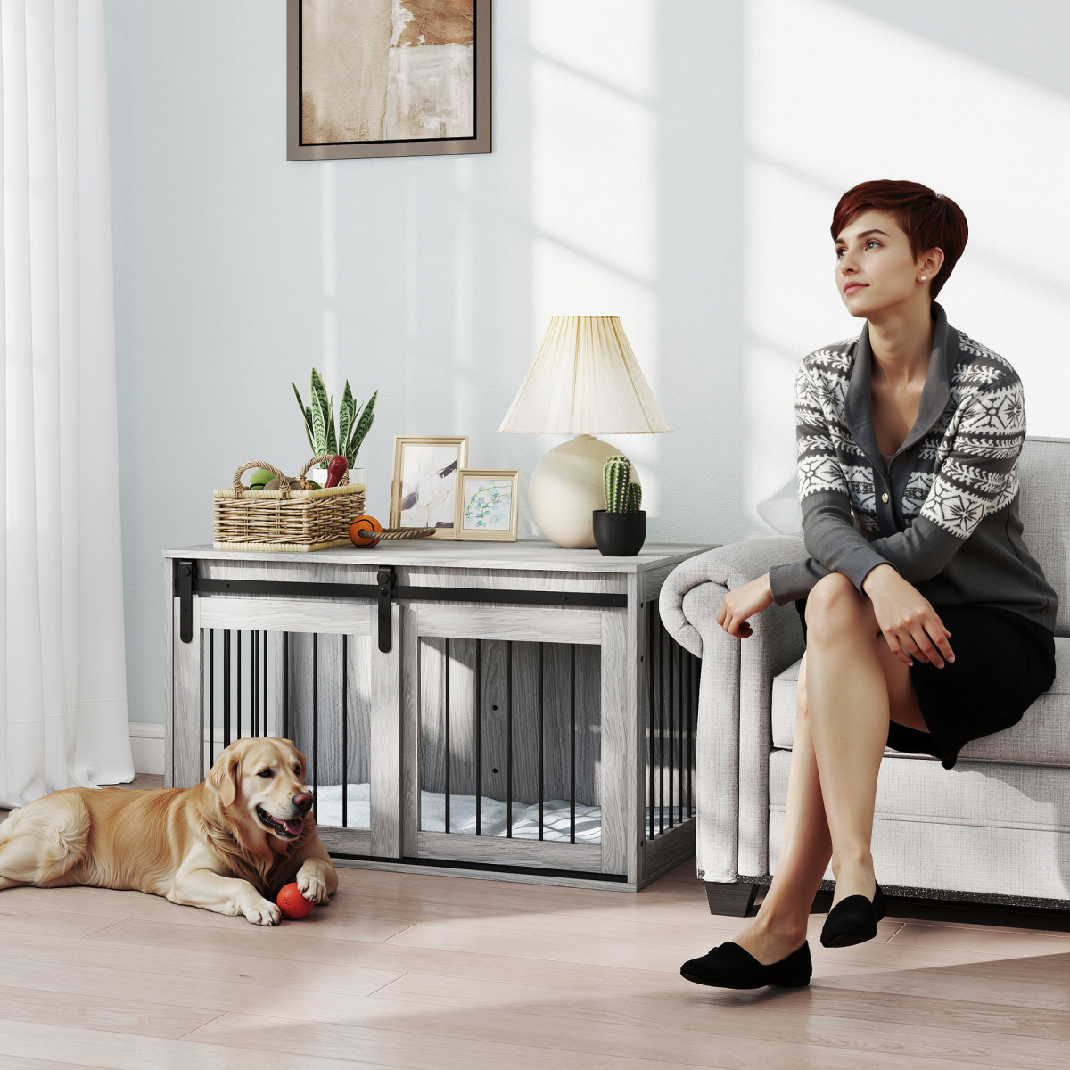 PawHut Large Dog Crate & Side Table with Removable Cushion - Grey