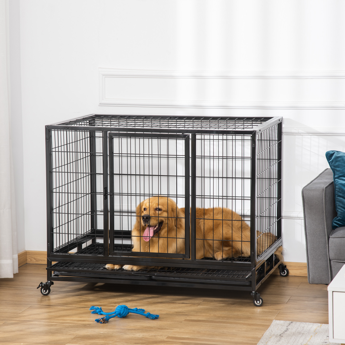 Metal Kennel Cage with Wheels & Tray - Large Black, 109x76x87 cm