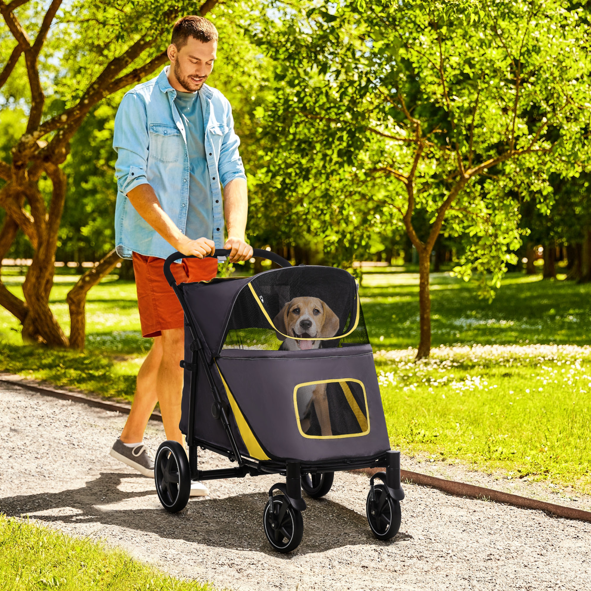 PawHut Foldable Dog Stroller with Universal Wheels & Shock Absorbers - Grey