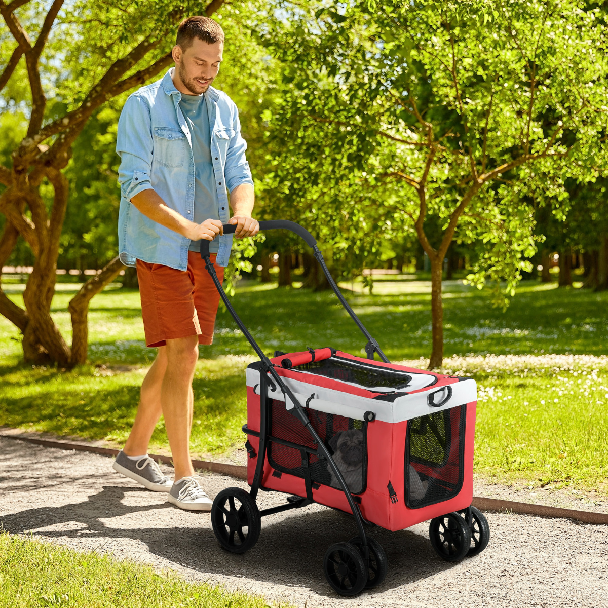 PawHut Foldable Pet Stroller with Detachable Carrier and Soft Padding - Red