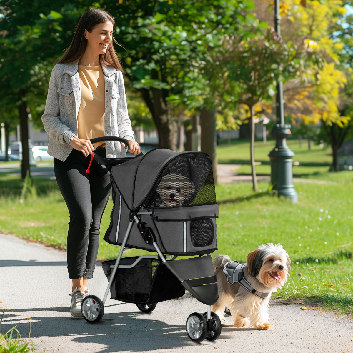 PawHut 3-Wheel Pet Stroller for Cat & Small Dog, Dark Grey