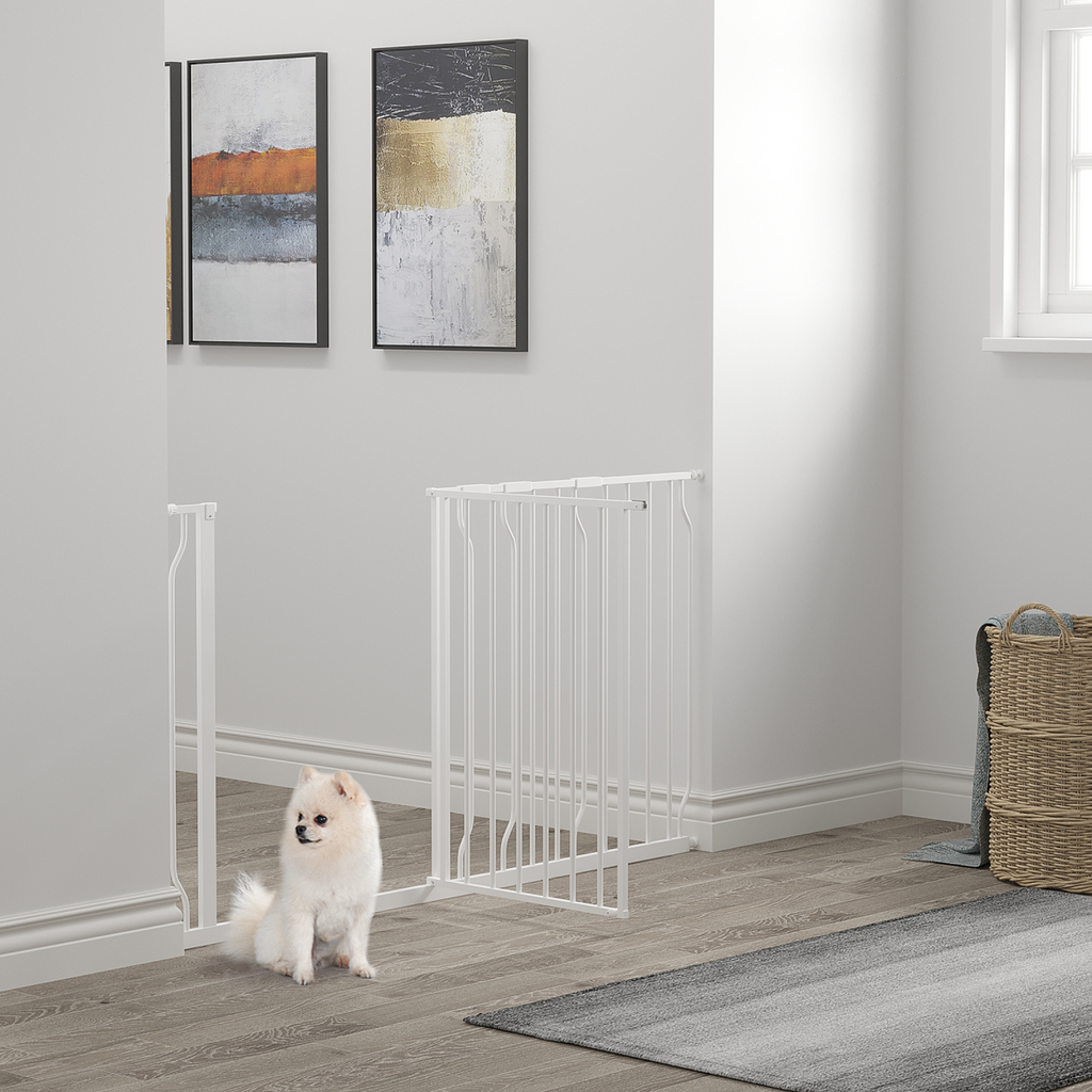 White Adjustable Pet Safety Gate - Metal Dog Barrier for Doorways