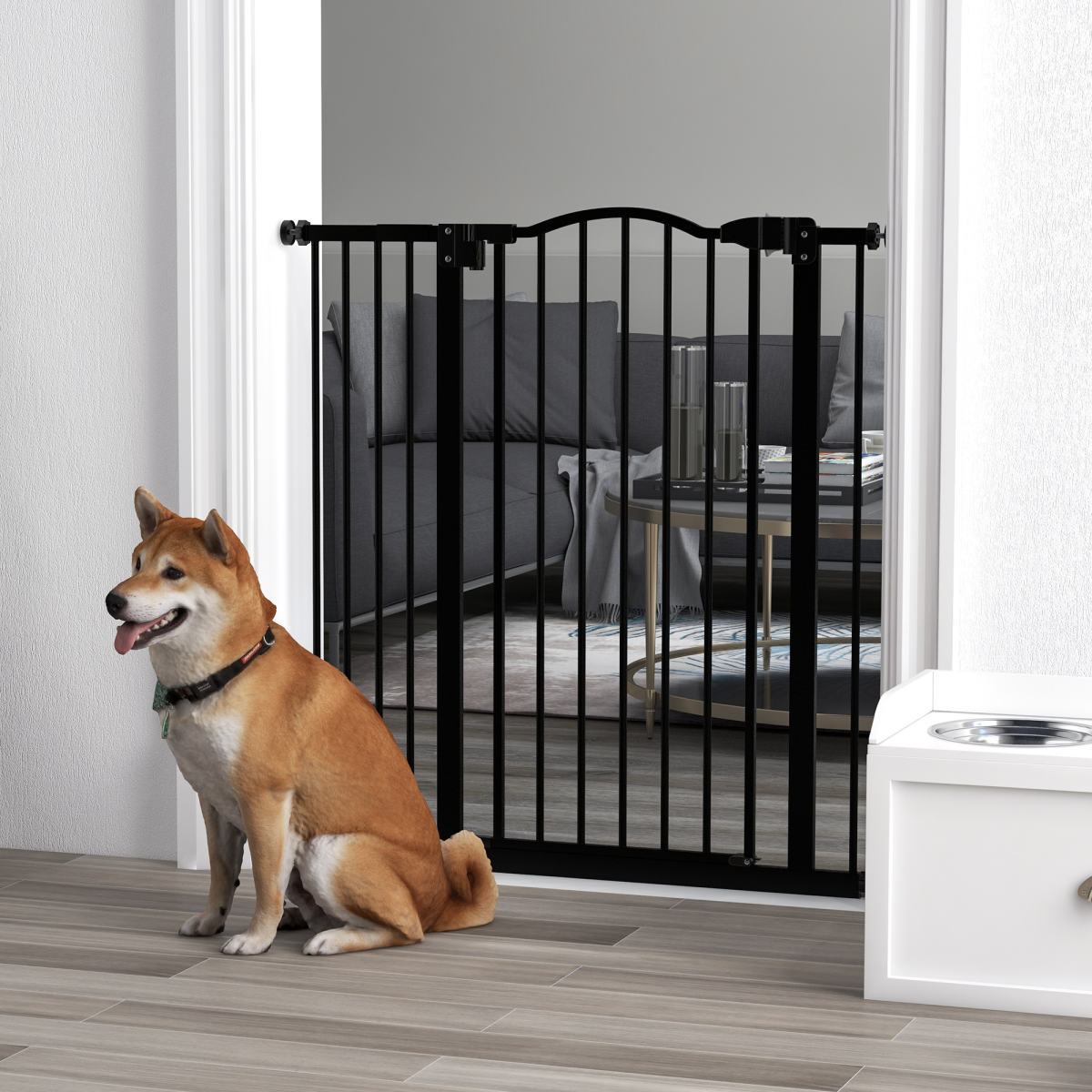 PawHut Adjustable Metal Pet Gate with Auto-Close Door, Black 74-94cm