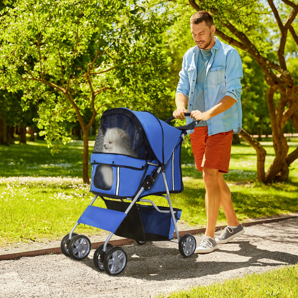 4-Wheel Pet Stroller for Small Dogs & Cats - Foldable, Leash Inside, Mesh Windows