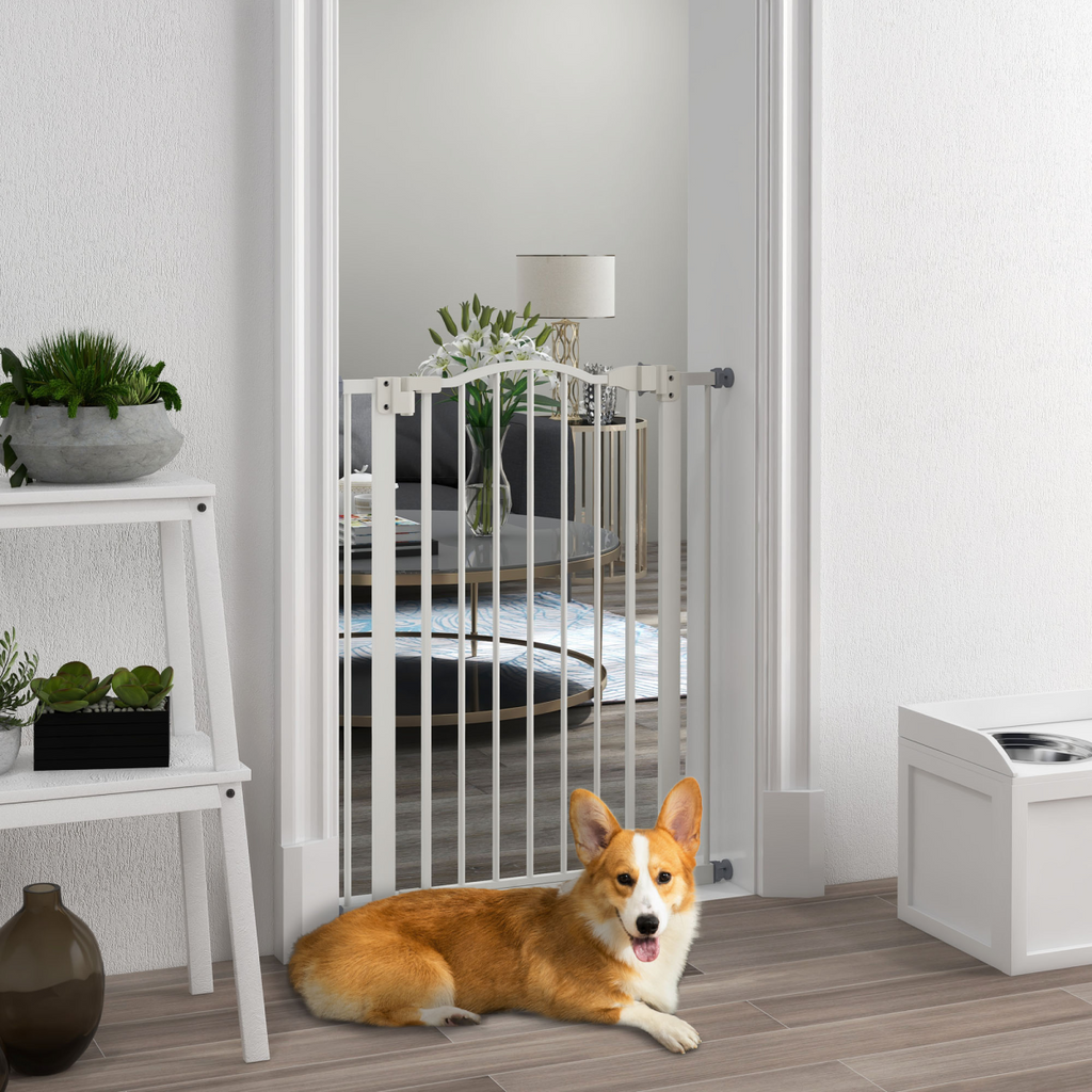 PawHut 74-80cm Adjustable Metal Pet Gate with Auto-Close Door, White