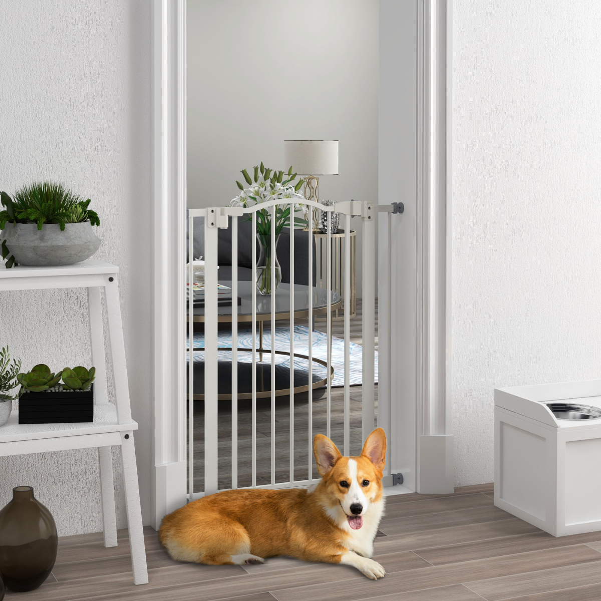 PawHut 74-80cm Adjustable Metal Pet Gate with Auto-Close Door, White
