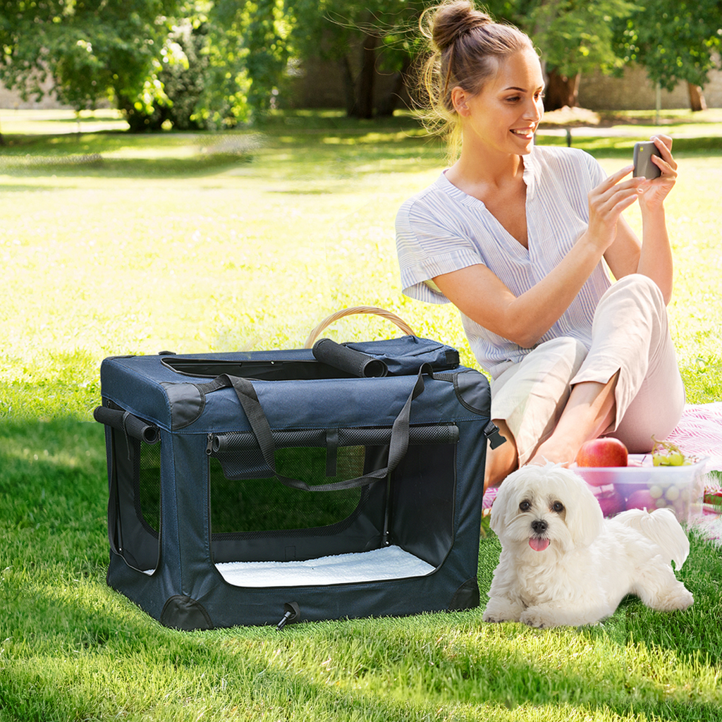 60cm Folding Pet Carrier with Cushion, Ventilated, Multi-Entry, Storage