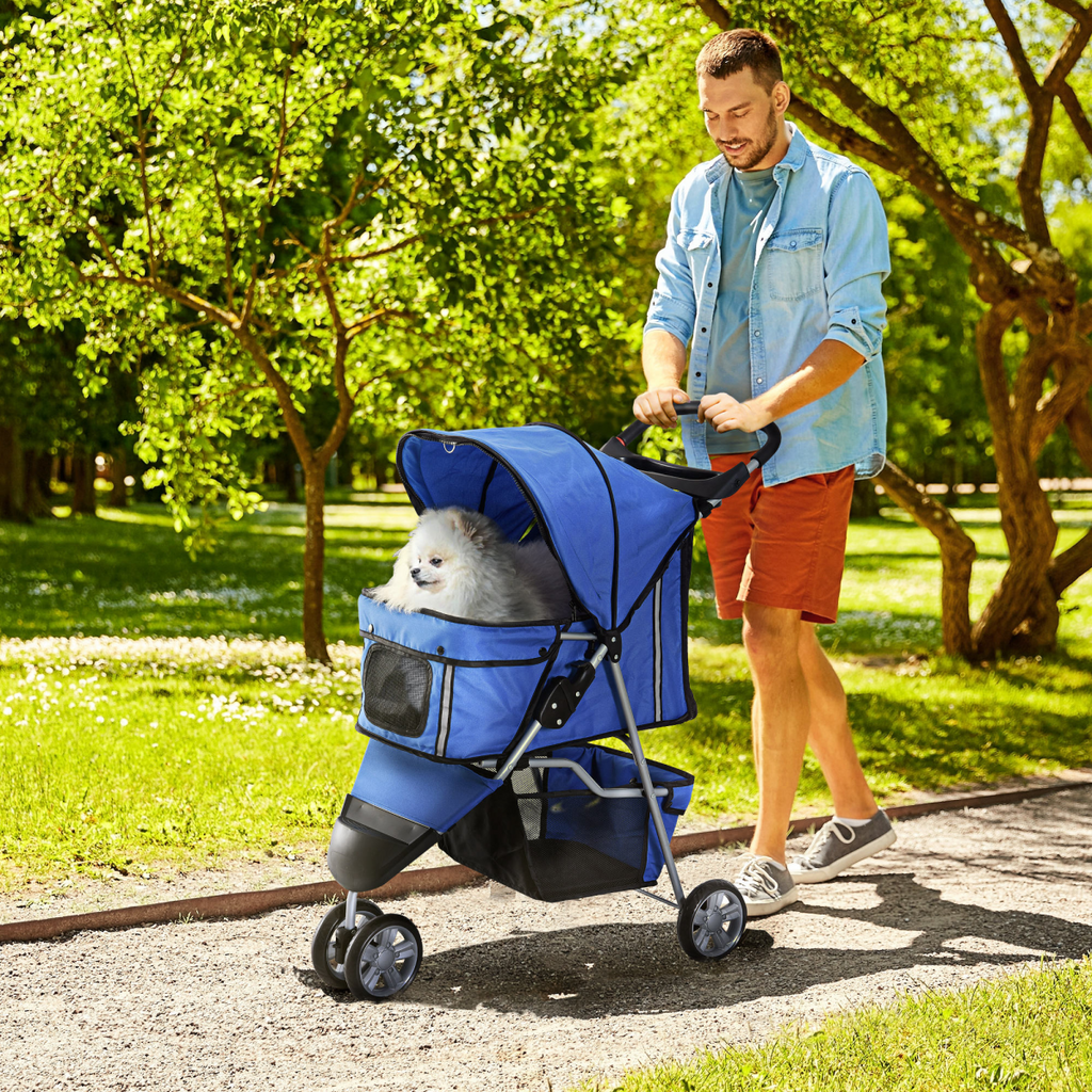 Pet Stroller Pushchair Carrier, 3-Wheel Blue Pawhut for Cats & Small Dogs